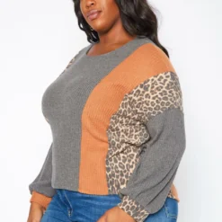 Plus Size Leopard Color Block Knit Sweater -Radiant Drape Sales 2019263 128 2
