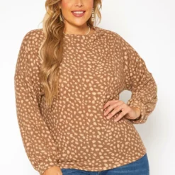Plus Size Dotted Print Wide Neck Sweater