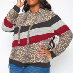 Plus Size Leopard Print Color Block Hooded Sweater