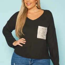 Plus Size Snakeskin Pocket Hem Long Sleeve Shirt