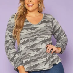 Plus Size Camo Print Long Sleeve Top