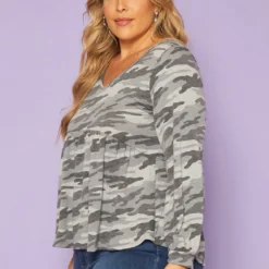 Plus Size Camo Print Long Sleeve Top -Radiant Drape Sales 2019280 354 2