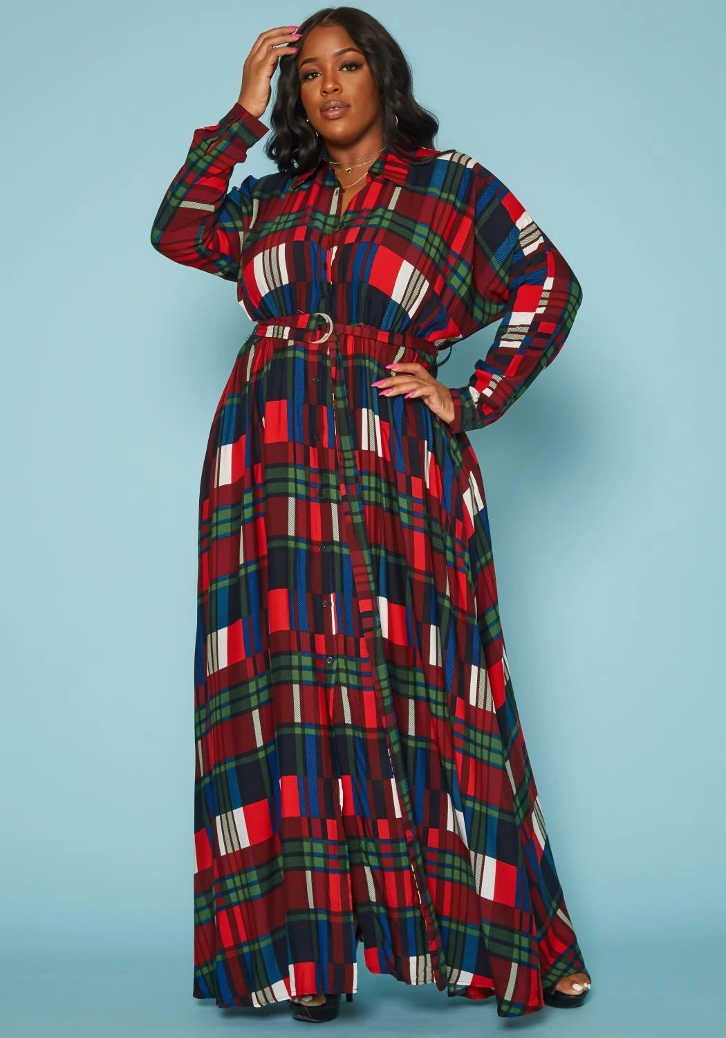 Plus Size Plaid Button Front Collar Maxi Dress 2 Plus Size Plaid Button Front Collar Maxi Dress - Image 2