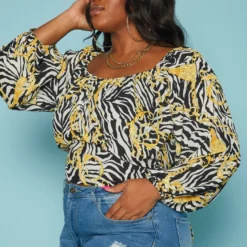 Plus Size Chainlink Zebra Print Long Sleeve Blouse -Radiant Drape Sales 2019338 172 2