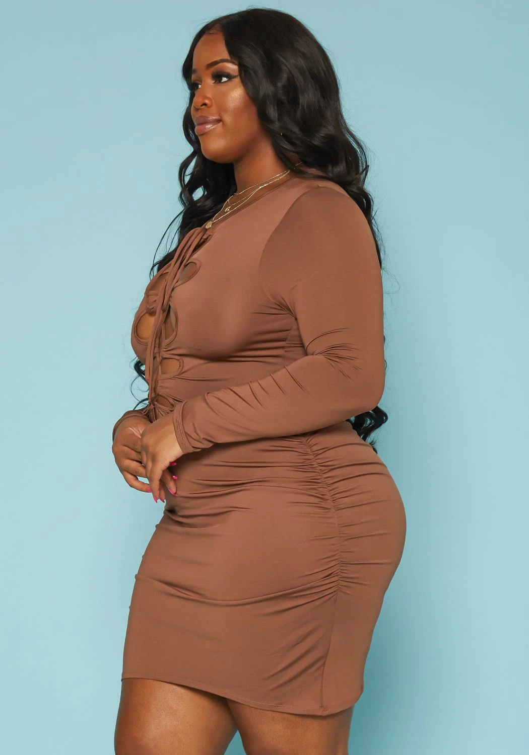 Plus Size Front Tie Closure Bodycon Mini Dress 3 Plus Size Front Tie Closure Bodycon Mini Dress - Image 3