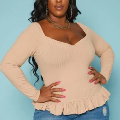 Plus Size Ribbed Knit Ruffle Flare Shirt