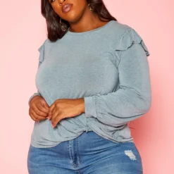 Plus Size Ruffle Trim Long Sleeve Top