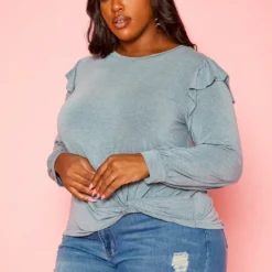 Plus Size Ruffle Trim Long Sleeve Top -Radiant Drape Sales 2019360 158 2