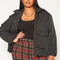 Plus Size Solid Puffer Jacket