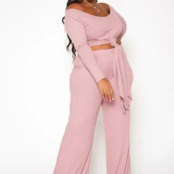 Plus Size Ribbed Knit Long Sleeve Top & Pants Set
