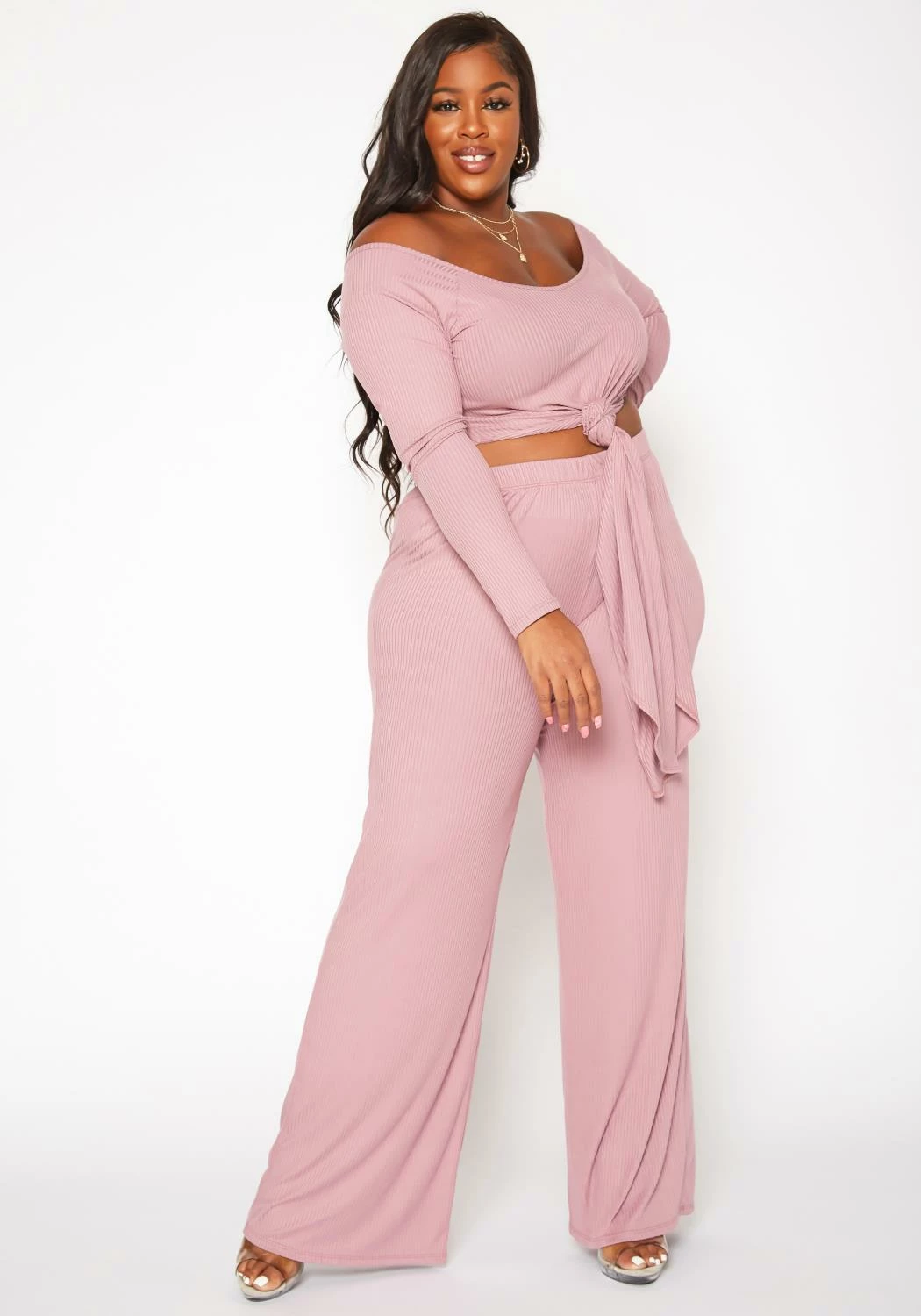 Plus Size Ribbed Knit Long Sleeve Top & Pants Set 1 Plus Size Ribbed Knit Long Sleeve Top & Pants Set