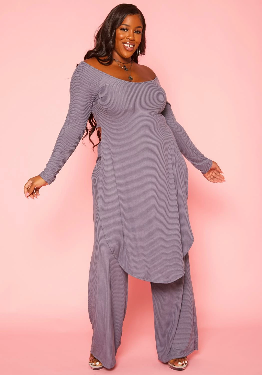Plus Size Ribbed Knit Long Sleeve Top & Pants Set 2 Plus Size Ribbed Knit Long Sleeve Top & Pants Set - Image 2
