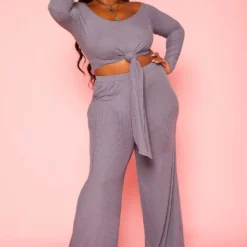 Plus Size Ribbed Knit Long Sleeve Top & Pants Set