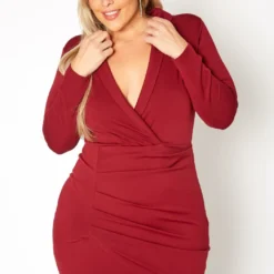 Plus Size Notch Collar Long Sleeve Mini Dress