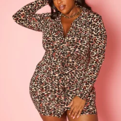 Plus Size Leopard Print Button Front Mini Dress