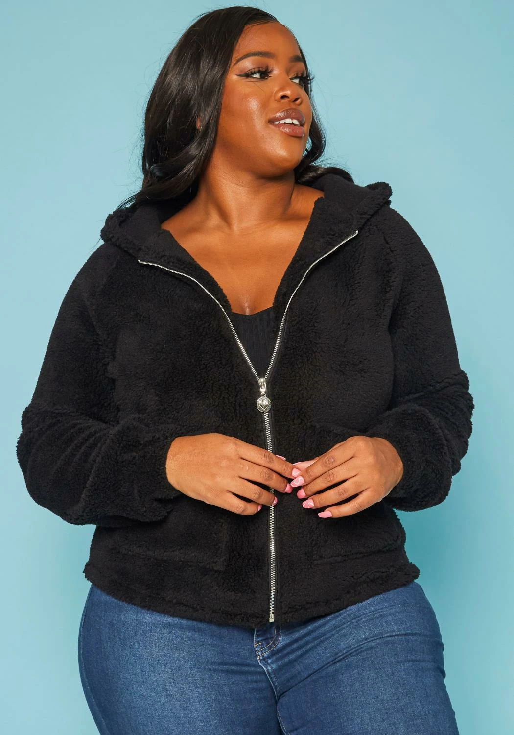 Plus Size Faux Fur Hooded Zip Front Sweater 2 Plus Size Faux Fur Hooded Zip Front Sweater - Image 2