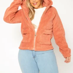 Plus Size Faux Fur Hooded Zip Front Sweater