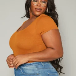 Plus Size Ribbed Scoop Neck Short Sleeve Bodysuit -Radiant Drape Sales 2019550 159 2