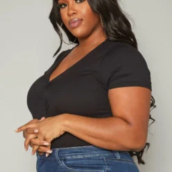 Plus Size Ribbed V Neck Short Sleeve Bodysuit -Radiant Drape Sales 2019551 001 2