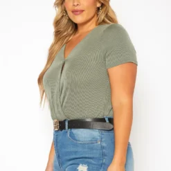 Plus Size Ribbed V Neck Short Sleeve Bodysuit -Radiant Drape Sales 2019551 125 2