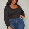 Plus Size Ribbed Square Neck Long Sleeve Bodysuit