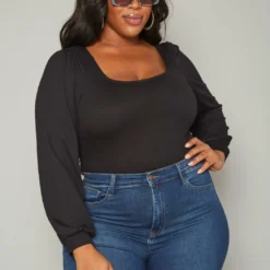 Plus Size Ribbed Square Neck Long Sleeve Bodysuit