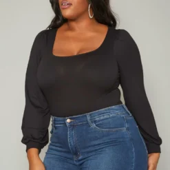 Plus Size Ribbed Square Neck Long Sleeve Bodysuit -Radiant Drape Sales 2019552 001 2