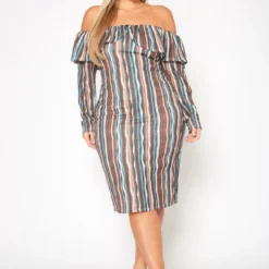 Plus Size Multi Striped Off Shoulder Dress