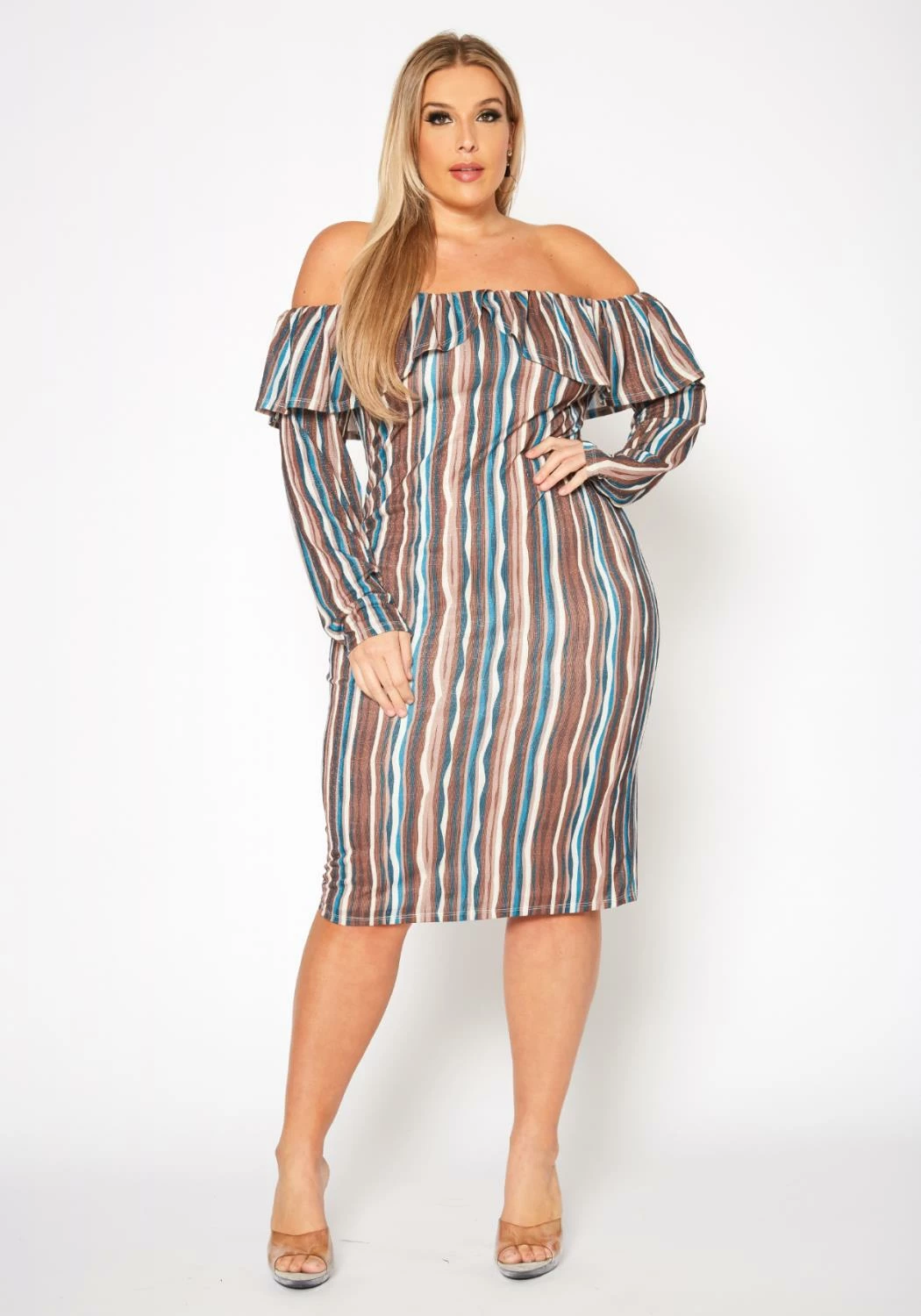 Plus Size Multi Striped Off Shoulder Dress 2 Plus Size Multi Striped Off Shoulder Dress - Image 2