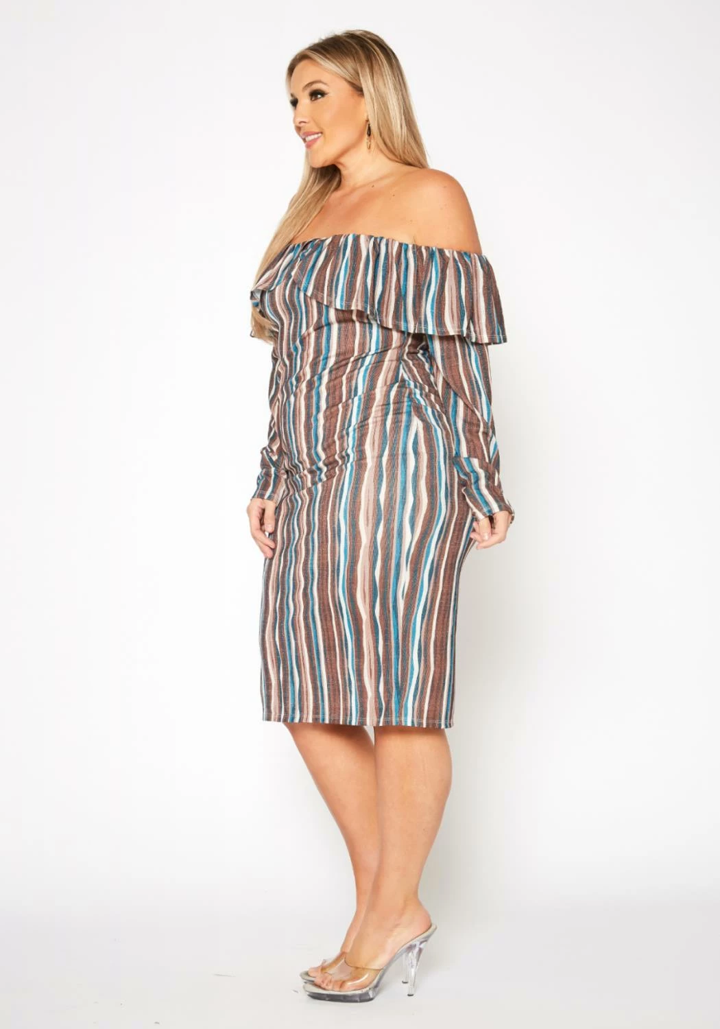 Plus Size Multi Striped Off Shoulder Dress 3 Plus Size Multi Striped Off Shoulder Dress - Image 3