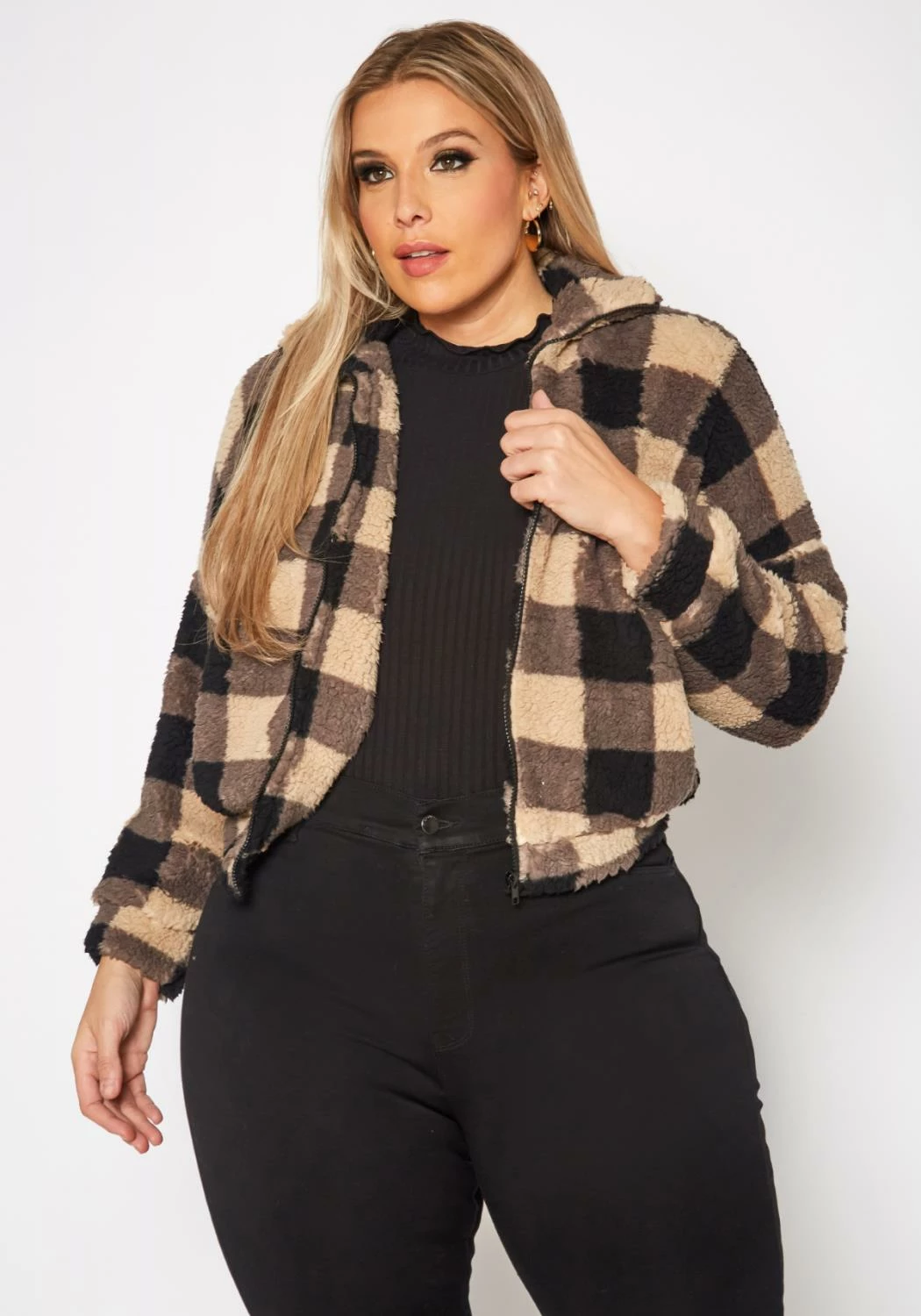 Plus Size Faux Fur Plaid Zip Front Sweater 2 Plus Size Faux Fur Plaid Zip Front Sweater - Image 2