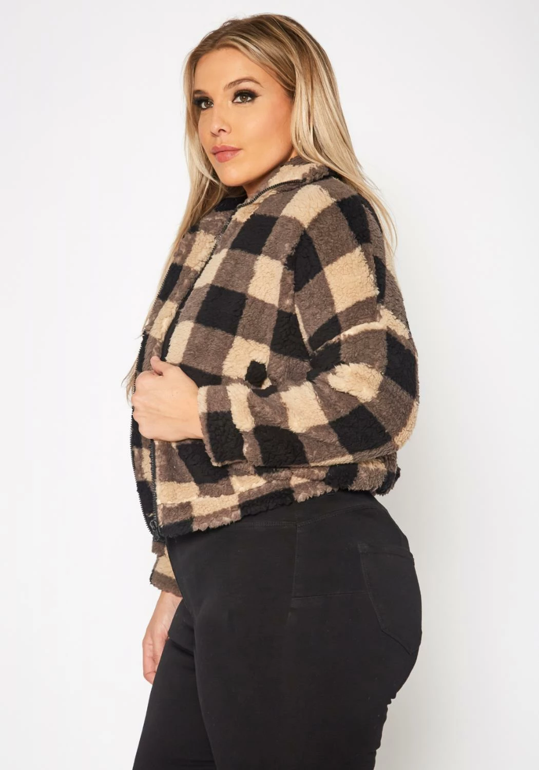 Plus Size Faux Fur Plaid Zip Front Sweater 3 Plus Size Faux Fur Plaid Zip Front Sweater - Image 3