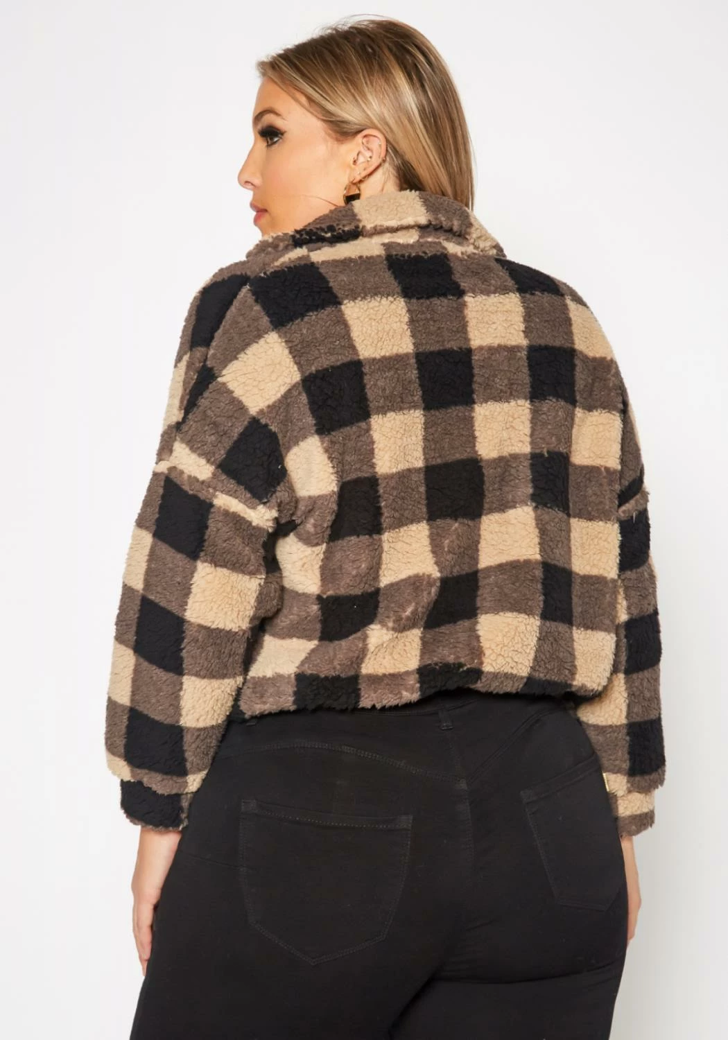 Plus Size Faux Fur Plaid Zip Front Sweater 4 Plus Size Faux Fur Plaid Zip Front Sweater - Image 4