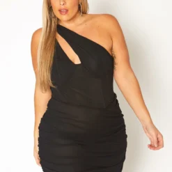 Plus Size Bustier Asymmetric Sleeve Mini Dress