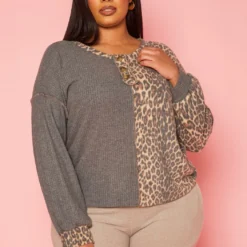 Plus Size Leopard Splice Knitted Shirt
