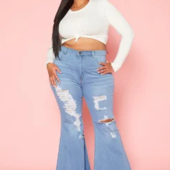 Vibrant Plus Size Distressed Raw Cut Bell Bottom Denim Jean
