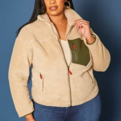 Plus Size Faux Fur Pocket Hem Jacket