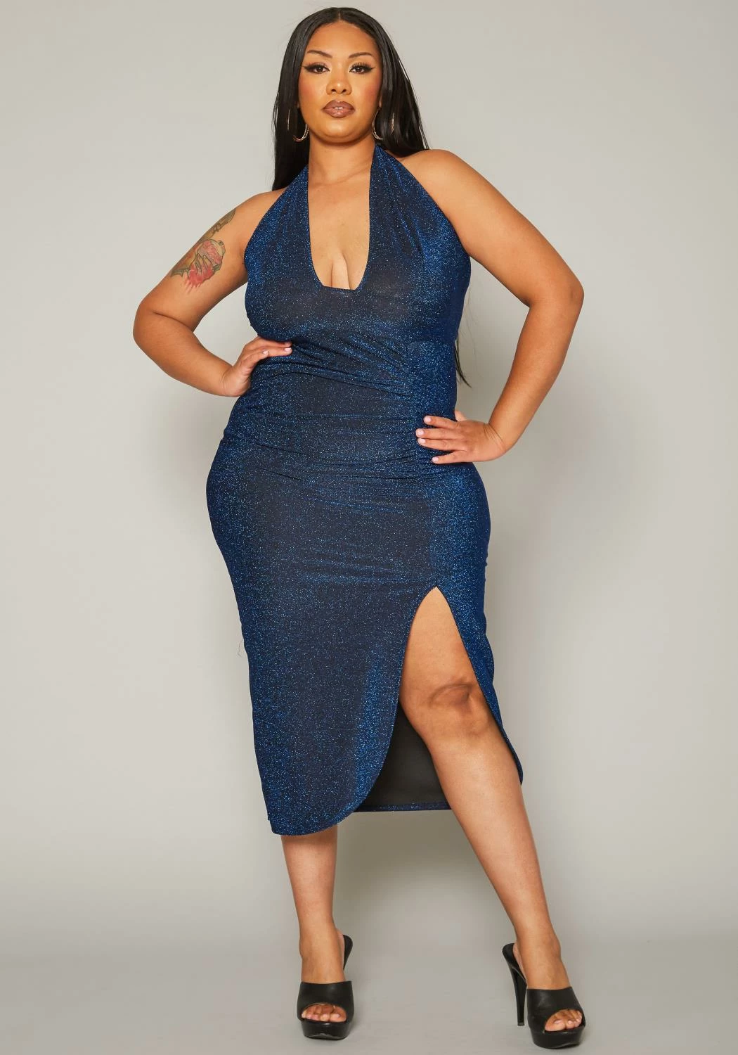 Plus Size Shimmer Halter Neck Bodycon Dress 2 Plus Size Shimmer Halter Neck Bodycon Dress - Image 2
