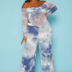 Plus Size Multi Print Crop Top & Flare Pants Set