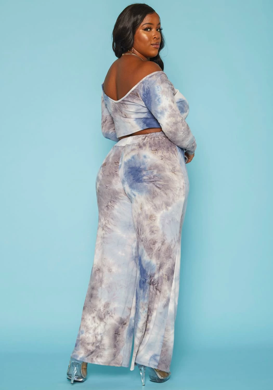 Plus Size Multi Print Crop Top & Flare Pants Set 4 Plus Size Multi Print Crop Top & Flare Pants Set - Image 4