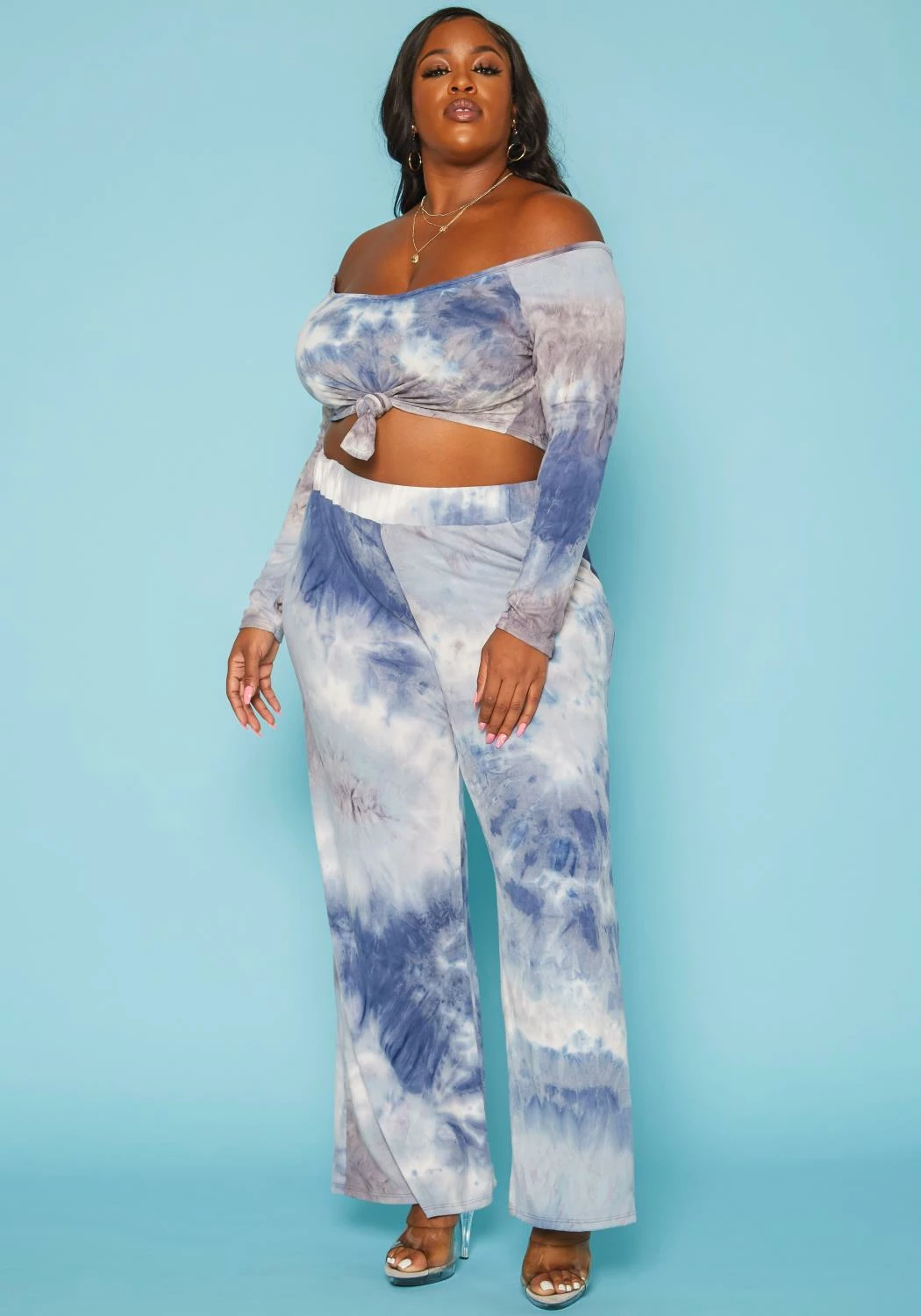 Plus Size Multi Print Crop Top & Flare Pants Set 2 Plus Size Multi Print Crop Top & Flare Pants Set - Image 2