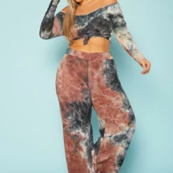 Plus Size Multi Print Crop Top & Flare Pants Set