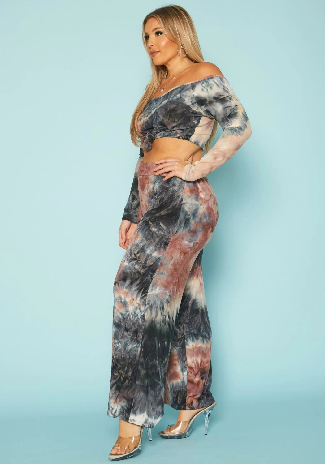 Plus Size Multi Print Crop Top & Flare Pants Set 3 Plus Size Multi Print Crop Top & Flare Pants Set - Image 3