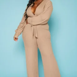 Plus Size Ribbed Deep V Neck Flare Jumpsuit