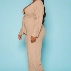 Plus Size Ribbed Deep V Neck Flare Jumpsuit -Radiant Drape Sales 2019617 190 2