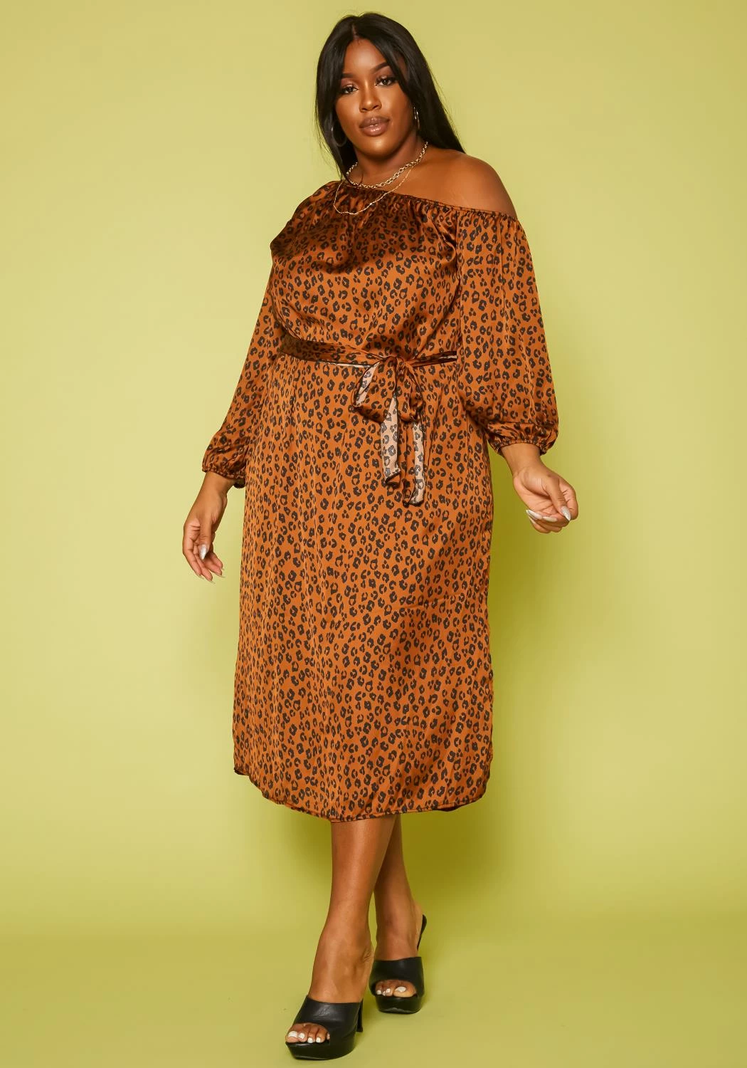 Plus Size Leopard Print Belted Satin Midi Dress 2 Plus Size Leopard Print Belted Satin Midi Dress - Image 2