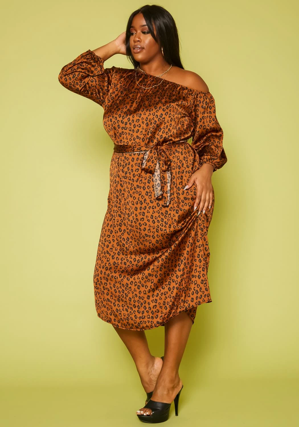 Plus Size Leopard Print Belted Satin Midi Dress 3 Plus Size Leopard Print Belted Satin Midi Dress - Image 3
