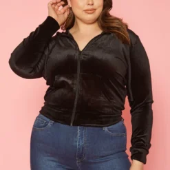 Plus Size Velvet Zip Front Hooded Sweater