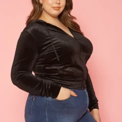 Plus Size Velvet Zip Front Hooded Sweater -Radiant Drape Sales 2019632 001 2