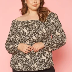 Plus Size Vintage Floral Print Off Shoulder Top
